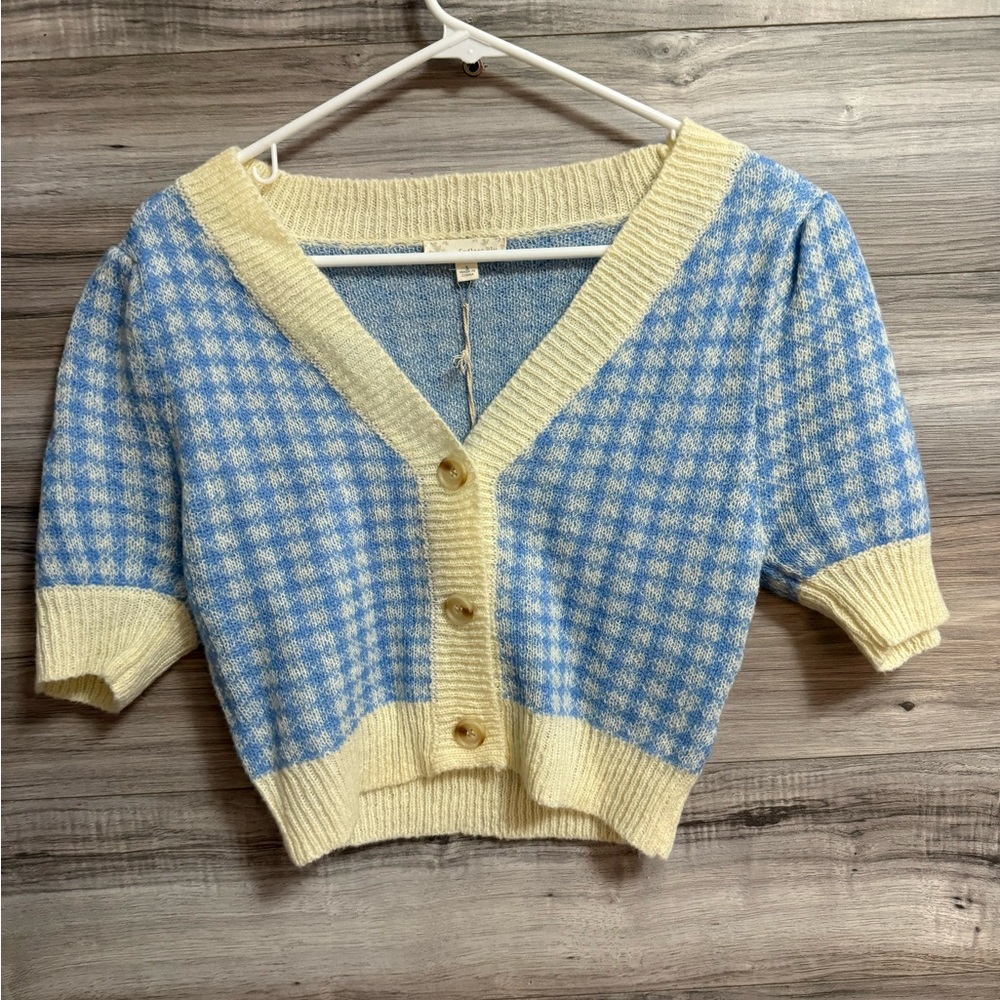 NWT Endless Blu Cropped Checkered Wool Blend Cardigan